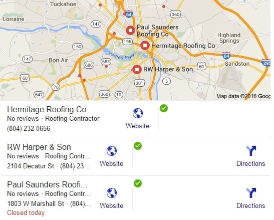 screen shots google search results - business maps listings for roofers