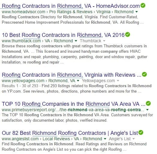 screen shots of google organic results for roofers in richmond