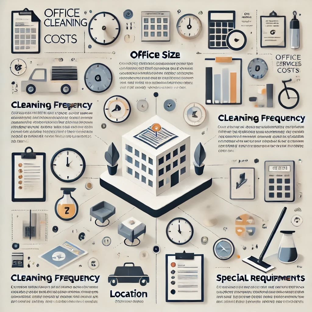  Infographic showing a visual breakdown of factors affecting office cleaning costs, with icons representing office size, cleaning frequency, service type, location, and special requirements